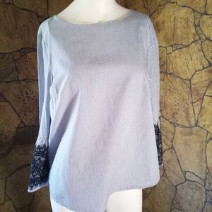 Tacera Blue Striped Blouse with Black Lace Accents